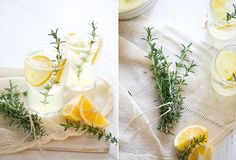 two shots of lemonade and rosemary garnish in glasses on linen napkins