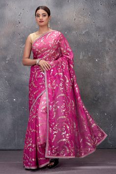 Shop stunning ombre pink foil print Kota saree online in USA. Keep your ethnic wardrobe up to date with latest designer saris, pure silk sarees, handwoven sarees, tussar silk sarees, embroidered saris from Pure Elegance Indian saree store in USA.-full view Pink Cutdana Pre-draped Saree For Party, Pink Pre-draped Saree With Unstitched Blouse For Festivals, Pink Dola Silk Blouse Piece For Celebration, Pink Dola Silk Blouse For Celebration, Pink Pre-draped Saree With Zari Work For Party, Chanderi Pre-draped Saree For Party, Celebration Pink Dola Silk Blouse Piece, Pink Saree With Zari Work For Eid, Festive Pink Dola Silk Saree