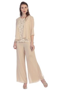 FINAL SALE! Mother Of The Bride 3 Piece Pant Suit - CHAMPAGNE / S Mother Of The Bride Trouser Suits, Dressy Pant Suits, Mother Of The Bride Suits, Wedding Pantsuit, Lace Wedding Guest Dress, Wedding Pants, Pant Suits For Women, Chiffon Pants, Mother Of The Bride Gown