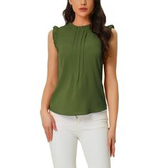 Sleek and elegant, this blouse is suitable for work or play. It is shaped with an elegant crew neckline, pleats detailing and comes in a relaxed cut for breezy wear. The ruffled sleeves give it a playful feel. Style with wide legs pants for a smart-casual finish. Suitable for summer, easy to match with jeans, shorts, skirt, cardigan. Occasion: Office Work, Daily Casual, Going Out, Date, Weekend Gathering, Coffee Shop, etc. Please check your measurements to make sure the item fits before ordering Solid Color Sleeveless Blouse For Work, Elegant Crew Neck Tank Top, Sleeveless Solid Color Tops For Work, Elegant Sleeveless Pleated Top, Sleeveless Solid Color Blouse For Work, Sleeveless Blouse For Work, Elegant Sleeveless Solid Color Blouse, Sleeveless Blouse For Business Casual, Sleeveless Business Casual Blouse