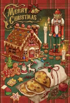 an old fashioned christmas card with gingerbreads and cookies