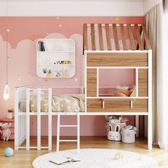 a child's bedroom with pink walls and wooden bunk bed, white ladders