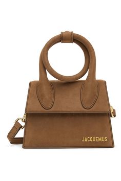 Jacquemus: Brown Suede ‘Le Chiquito Noeud’ Top Handle Bag | SSENSE Suede Tops, Press Studs, Handle Bag, Brown Suede, Patch Logo, Top Handle, Camera Bag, Top Handle Bag, Shoulder Strap