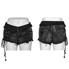 This price includes a pair of shorts only.  1. Made of elastic denim fabric  2. The fabric and pocket openings are designed with rough edges  3. One side is decorated with square rivets, while the other side is designed with ribbon drawstrings and adding a sense of fun through asymmetric design  4. Make a foldable decorative patch at the waist to enhance the waistline.  5. Hot pants design  Garment Size   	 		 			Size 			XS 			S 			M 			L 			XL 			2XL 			3XL 			4XL 		 		 			Length 			19.5 			20 Punk Denim, Goth Shorts, Goth Diy, Punk Shorts, Fitted Shorts, Steampunk Fashion Male, Diy Shorts, Black Punks, Studded Denim