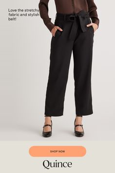 Update your wardrobe with an always-chic paperbag pant. With a little stretch, plenty of pockets, and a removable belt, this will become your go-to pant. Easily dress up or down!  | Quince | Women's Stretch Crepe Paperbag Pants in Black, Size 2, Polyester Chic Paperbag Waist Bottoms With Belt Detail, Chic Bottoms With Belt Detail And Paperbag Waist, Chic Bottoms With Belted Cuffs And Paperbag Waist, Chic Belted Paperbag Waist Pants, Chic Paperbag Waist Pants With Belt Loops, Elegant Belted Bottoms With Paperbag Waist, Elegant Belted Paperbag Waist Bottoms, Chic Bottoms With Belt Detail And Tapered Leg, Chic Tapered Leg Bottoms With Belt Detail