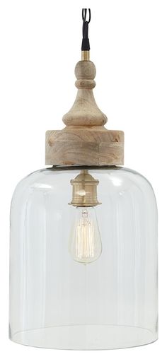 The mixed materials of this pendant light are right in line with the times. A turned natural wood finial crowns the alluring half-dome glass shade.   Additional Dimensions   Cord length: 78"  Shade: 19.5"     Product Features  Clear glass globe with natural wood  Ceiling canopy and 4 ft. hanging chain included  Hardwired; professional installation recommended  1 E26 socket; type A bulb recommended (not included); 40-watt max or CFL 8-watt max; UL listed  Clean with a soft, dry cloth  Indoor use Kitchens Pendant Lights & Chandeliers, Mixing Light Fixtures Amazon, Kitchen Pendant Lights Lowes, French Country Island Pendant Lights, 2022 Kitchen Island Lighting, 2 Pendant Lights Over Counter, 3 Pendant Lights Over Island Traditional, Chandelier Over Island Glass, Two Pendant Lights Over Kitchen Island Overstock