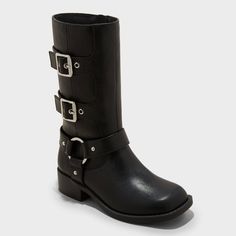 Your child will be ready take on cooler-weather days in style with these Dee Tall Buckle Boots from art class™. Made from faux leather, these black boots are elevated by a harness strap accented with a silver-tone ring along with matching buckles and grommets running down the side. Set on a 1.25-inch block heel with a textured TPR outsole, these mid-calf boots are finished with a side zipper fastening for a snug, secure fit. art class™: One-of-a-kind looks for the one and only you. Fall Outdoor Combat Boots With Buckle Closure, Fall Combat Boots With Buckle Closure For Outdoor, Black Moto Boots With Buckle For Outdoor, Black Moto Boots With Buckle Closure For Outdoor, Casual Moto Boots With Buckle Closure In Faux Leather, Trendy Faux Leather Moto Boots With Buckle, Trendy Faux Leather Moto Boots With Buckle Closure, Casual Faux Leather Moto Boots With Buckle Closure, Black Mid-calf Boots With Buckle Closure For Fall