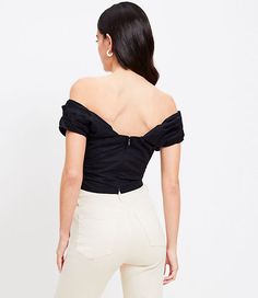 A structured, fitted top in fluid woven crowned with a draped off-the-shoulder neck, this top takes outfits in a fresh, glam direction. Off-the-shoulder sweetheart neck. Short sleeves. Back zip.,Bullet1:9 7/8" long,Imported:Imported,Fit:Fit: Relaxed — an easy shape that's just shy of loose,Length:Length: Abbreviated - hits at natural waist,Fabrication:Shell 96% Cotton 4% Spandex Lining 96% Cotton 4% Spandex,Garment Care:Machine Washable Loft Structured Off The Shoulder Top Size 14 Black Women's Fitted Off-shoulder Ruched Tops, Elegant Summer Tops With Structured Shoulders, Ruched Off-shoulder Top For Summer Nights Out, Chic Summer Tops With Structured Shoulders, Elegant Ruched Off-shoulder Top For Spring, Elegant Fitted Off-shoulder Top, Elegant Off-shoulder Fitted Top, Chic Off-shoulder Fitted Crop Top, Summer Evening Off-shoulder Ruched Top