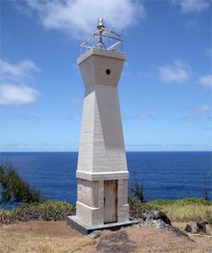 a white lighthouse on top of a hill next to the ocean with blue sky and clouds