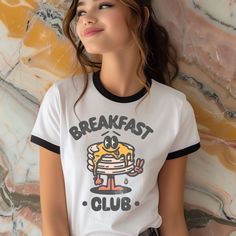 This retro groovy breakfast club is perfect on this super soft ringer tshirt.  This is the perfect gift for you brunch lover. Cotton T-shirt With Letter Print For Brunch, Vintage Cotton Tops For Brunch, Cotton Graphic Print T-shirt For Brunch, Trendy White T-shirt For Brunch, Screen Print Crew Neck T-shirt For Brunch, Crew Neck T-shirt With Screen Print For Brunch, Cute Pancakes, Club Tshirt, Ringer Shirt