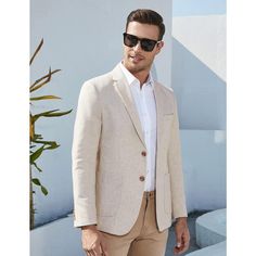 This linen suit made of hight quality cotton linen fabric, which is lightweight, breathable, soft and durable. Professional suit fabric and exquisite tailoring keeps this blazer sharp. This casual sport coat with notch lapel, regular fit, two button closure, left chest real pocket, two real side pockets, inside a real pocket, light shoulder pad. Finished by excellent stitching, this sport coat blazer has a linen texture specially designed for western men, will really make you minimalistic, elega Spring Linen Suit With Button Closure, Semi-formal Linen Sport Coat With Button Closure, Tailored Linen Sport Coat With Pockets, Semi-formal Linen Blazer With Hidden Buttons, Beige Cotton Single Breasted Blazer, Beige Single-breasted Cotton Blazer, Semi-formal Linen Blazer With Notch Lapel, Semi-formal Linen Blazer With Button Closure, Beige Single Breasted Summer Suits