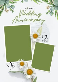 wedding anniversary card with daisies and hearts on the front, two photos are placed next to each other