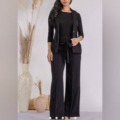 Black 2pc Pants Set (Shirt Not Included Only Vest &Pants ) Stretch Black Sets For Workwear, Black Stretch Workwear Sets, Black Office Sets With Pockets, Elegant Black Pants Set, Elegant Black Long Pants Set, Wide Leg Pant Set For Workwear, Solid Color Wide Leg Pant Set For Work, Black Long Pants Sets For Spring, Black Sets With Long Pants For Spring