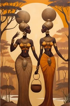 two african women with baskets on their heads are standing in front of a full moon