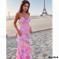 Olivia Mark - Fashionable Printed Sexy Strappy Open Back Irregular Hem Dress Beach Season Party Maxi Dress With Ruffles, Flirty Summer Maxi Dress, Trendy Ruffled Maxi Dress For Party, Summer Ruffle Maxi Dress For Night Out, Summer Ruffles Maxi Dress For Night Out, Summer Maxi Dress With Ruffles For Night Out, Fitted Ruffle Maxi Dress For Beach Season, Fitted Maxi Dress With Ruffles For Beach Season, Fitted Trendy Maxi Dress With Ruffles