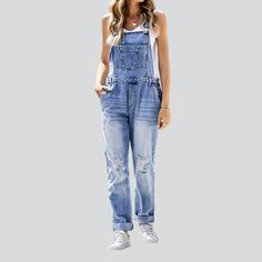 Introducing our 2023 Spring-Summer Collection one-of-a-kind Torn Knees Women's Denim Jumpsuit ââ‚?the embodiment of street style and urbane chic!Why It's Your Ultimate Style StatementThis jumpsuit fuses the perfect blend of urbane style with a hint of rebellion. Crafted with premium quality denim. its baggy-fitting silhouette features a unique damaged pattern for an effortlessly cool. alternative-inspired look. The resilient zipper and stylish button duo ensures both functionality and flair. whi Trendy Light Wash Denim Overall Jumpsuit, Trendy Light Wash Denim Overalls, Trendy Light Wash Overall Jumpsuits, Casual Non-stretch Light Wash Denim Jumpsuit, Non-stretch High Rise Denim Jumpsuit, Casual Distressed Light Wash Denim Jumpsuit, Casual Light Wash Distressed Denim Jumpsuit, Dark Wash Non-stretch Denim Jumpsuit, Casual Fitted Distressed Denim Jumpsuit