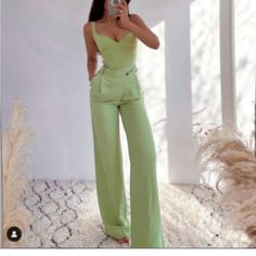 Zara Wide Leg Pants, Green, Size Small, Nwt Chic High-waisted Summer Jumpsuits, Fitted High-waisted Jumpsuits And Rompers For Summer, Fitted High-waisted Summer Jumpsuits And Rompers, Straight Leg Pants For Summer Night Out, Chic High-waisted Jumpsuits For Spring, Chic High-waisted Jumpsuits And Rompers For Spring, Chic Straight Leg Jumpsuit For Spring, Fitted Wide Leg Jumpsuit For Spring, Solid High-waisted Spring Jumpsuits And Rompers