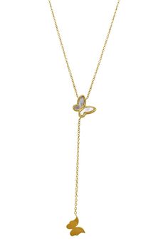 Dainty butterflies bring a romantic flair to this luxe 14K yellow gold plated lariat necklace. . 14K yellow gold plated butterfly lariat pendant necklace. Lobster clasp. Approx. 16-18" chain length. Approx. 2" pendant length. Imported  Polish gently with cloth, wash with soap and hot water 14K yellow gold plated brass Rose Gold Butterfly Necklace With Adjustable Chain, Luxury Delicate Chain Lariat Necklace, Chic Yellow Gold Lariat Necklace With Clavicle Chain, Elegant Rose Gold Butterfly Necklace With Adjustable Chain, Luxury Gold Lariat Necklace With Delicate Chain, Chic Gold Lariat Necklace As Gift, Formal Gold Lariat Necklace, Luxury Lariat Necklace With Clavicle Chain, Gold Adjustable Butterfly Necklace With Clavicle Chain