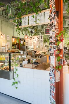 the inside of a restaurant with hanging plants