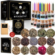 PRICES MAY VARY. ALL IN ONE WITCH SET - 14 witches herbs, 14 crystals, 12 witch candles for spells, 12 sheets of parchment, bonus notebook, and a witches box for the creation of a charming witchcraft altar 100% NATURAL AND REAL - Essential freshly dried spell herbs, 100% natural and unique crystals for witchcraft set, and colored candles for spells made with the highest-quality wax MAKES A UNIQUE GIFT - Our adorable spell supplies will appeal to anyone fond of witchcraft! Packed in a fancy box w Candles For Spells, Witches Crystals, Herbs For Spells, Witchcraft Kit, Witches Herbs, Witch Starter Kit, Wicca Candles, Witch Kit, Beginner Witch