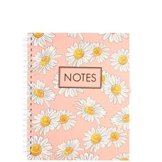 a pink notebook with daisies on it and the words notes written in black ink