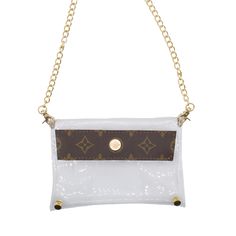 Introducing the Upcycled LV Monogram Small Clear Crossbody Purse—a must-have accessory for the stylish, on-the-go fashionista. This compact bag masterfully combines luxury and simplicity with gorgeous quatrefoils, featuring a high-quality yellow gold chain, a matching snap closure, and durable construction to keep your belongings secure. Perfect for concerts, dinners, and daytime adventures, it’s the ultimate blend of elegance and practicality, ensuring you carry your essentials in style! Exciti Elegant Bag With Clear Strap For Daily Use, Elegant Bags With Clear Strap For Daily Use, Elegant Shoulder Bag With Clear Strap, Elegant Crossbody Shoulder Bag With Clear Strap, Luxury Clear Bags For Everyday Use, Elegant Rectangular Shoulder Bag With Clear Strap, Elegant Clear Travel Bag, Elegant Crossbody Bag With Clear Strap, White Crossbody Bag With Gold-tone Logo Plaque