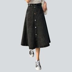 Make a bold statement this spring with our street-style inspired 2023 Spring-Summer a-line button-down denim skirt! Crafted with a high-waisted. slim fit silhouette and classic buttoned closure. this vintage-inspired piece is the perfect balance of fashion and comfort.Key Highlights: A-line Silhouette: Perfectly captures the effortless look of a vintage skirt with a contemporary. a-line fit. Buttoned Closure: Crafted with classic buttons for a timeless look. High-waisted Fit: Designed to hug you Mid-rise Cotton Denim Skirt With Button Closure, Chic Non-stretch Mid-rise Skirt, Spring Denim Skirt For Workwear With Button Zip Fly, High-waisted Non-stretch Skirt With Button Closure, Non-stretch High-waisted Skirt With Button Closure, Summer Button-up Denim Skirt In Denim Blue, Summer Button-up Denim Blue Skirt, Trendy Solid Color Pleated Skirt, Casual Dark Wash Midi Denim Skirt