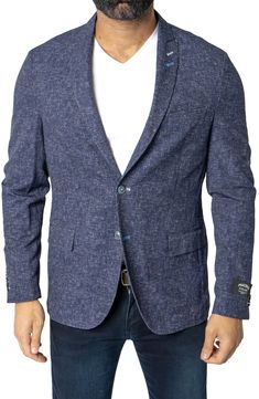 Made from luxe Italian stretch fabric, this single-breasted jacket sports a cool blue hue and an unstructured profile for a casual feel. Curved four-button cuffs and a vividly patterned lining offer a signature touch. Notched lapels Four-button cuffs Chest welt pocket; front flap pockets; interior welt pocket Side vents Partially lined 65% polyester, 25% viscose, 10% elastane Dry clean Made in Turkey Blue Casual Outerwear For Semi-formal Occasions, Modern Blue Long Sleeve Blazer, Modern Blue Blazer With Lapel Collar, Blue Single Button Sport Coat For Business Casual, Casual Blue Blazer With Suit Collar, Modern Blue Outerwear With Notch Lapel, Blue Tailored Modern Outerwear, Tailored Modern Blue Outerwear, Modern Tailored Blue Outerwear