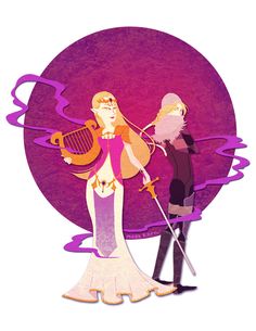 two people standing next to each other in front of a purple circle with an image of a woman holding a harp