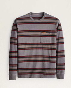 Our hardy combed cotton jersey in an overdyed stripe pattern. One open chest pocket with small leather logo patch. Label-free neck. 100% cotton. Imported . | MEN'S LONG-SLEEVE STRIPED DESCHUTES POCKET TEE Casual Striped Yarn-dyed Tops, Casual Yarn-dyed Striped Tops, Casual Striped Tops With Pockets, Casual Yarn-dyed Tops For Fall, Casual Cotton Top With Horizontal Stripes, Casual Long Sleeve Yarn-dyed Top, Rugged Cotton Everyday Tops, Long Sleeve Cotton T-shirt With Horizontal Stripes, Pocket Tee Shirts