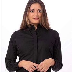 New Without Tags, Black Button Down Collarless Shirt. Size 10 Women’s Great For Gothics Or For A Burial Or Just To Dress Up White Pants. Can Be Worn With A Bright Blazer On Top Too! Remember Black Makes You Look A Bit Skinner Than U Actually Are! Model Pic Is For Reference Purposes Only. Armpit 20” Flat. Classic Black Stretch Shirt, Black Stretch Top With Button Closure, Black Stretch Tops With Button Closure, Stretch Black Tops With Button Closure, Black Tops For Office Wear, Black Slim Fit Tops With Buttons, Black Slim Fit Tops For Office Wear, Black Slim Fit Top For Work, Stretch Business Casual Tops With Buttons