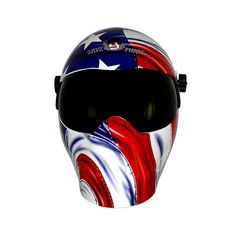 a helmet with the american flag painted on it's face and visor is shown