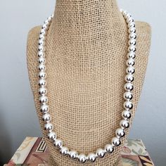 "Beautiful! Statement silver necklace. Classic but simple everyday wear all 10mm sterling silver bead necklace. All lengths are approximate due to size of bead and come with a 2\" extender. Example: 18\" + 2\" = 20\" total length to END of extender chain NOTE: Send message at checkout if you do NOT want extender 🚩 Length is measured from tip end of clasp to FIRST link of extender chain. Total length is to LAST link of extender chain. If you do NOT want extender, please add message to me at chec Classic Silver Beaded Necklace With 8mm Beads, Silver Single Strand Everyday Beaded Necklace, Classic Sterling Silver Necklaces With 8mm Beads, Classic Sterling Silver Necklace With 8mm Beads, Everyday Silver Necklace With Polished Beads, Statement Silver Necklace, Silver Necklace Statement, Silver Bead Necklace, Silver Bead