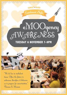 a flyer for an event with people sitting at a table and talking to each other