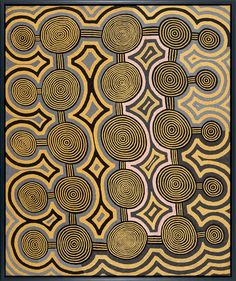 an abstract painting with circles and spirals on the surface, in black and gold