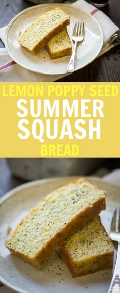 two slices of lemon poppy seed summer squash bread on a white plate with a fork