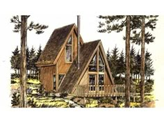 a drawing of a cabin in the woods