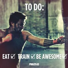 a man with his arm stretched out in front of him and the words eat train be awesome