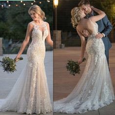 the bride and groom are posing for pictures in their wedding gowns