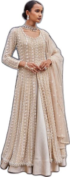 Anarkali Style Beige Floor-length Dupatta, Beige Floor-length Anarkali Dupatta, Beige Anarkali Set With Zari Work, Cream Floor-length Dupatta For Navratri, Beige Semi-stitched Anarkali Set With Traditional Drape, Semi-stitched Beige Anarkali Set With Traditional Drape, Beige Traditional Palazzo Set For Diwali, Beige Embroidered Palazzo Set For Wedding, Beige Traditional Drape Palazzo Set For Diwali