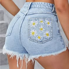 Brand New Embroidered Denim Shorts. Never Worn Embroidered Daisy Flowers On The Right Side Back Pocket. High Waist Denim Bottoms With Floral Embroidery, High Rise Denim Bottoms With Floral Embroidery, High Waist Denim Blue Bottoms With Floral Embroidery, High-rise Denim Bottoms With Floral Embroidery, High-waist Denim Blue Bottoms With Floral Embroidery, Summer High Rise Jeans With Floral Embroidery, Summer Mid-rise Floral Embroidered Jeans, Spring Medium Wash Bottoms With Floral Embroidery, Casual High Rise Bottoms With Floral Embroidery