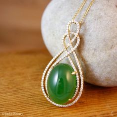 Lucky Jade Pendant - Pave Diamond - Solid 18KT Yellow Gold - Wedding Necklace Elegant Jade Cabochon Necklace, Exquisite Oval Jade Jewelry, Elegant Oval Jade Jewelry, Elegant Oval Cabochon Jade Jewelry, Jade Necklace Pendant, Gold Necklace Wedding, Double Infinity, Infinity Love, Lucky Green