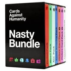 The Nasty Bundle is an abominable collection of the spiciest expansion packs we've ever written. It contains cards previously released in the Period Pack, Weed Pack, Ass Pack, Saves America Pack, and Picture Card Packs, plus a handful of brand-new cards we wrote just for you sickos. Shuffle these into your regular set of Cards Against Humanity and make everyone uncomfortable at game night. Color: Black. Cards Against Humanity Packs, Spn Bunker, Adult Game Night Ideas, Meetup Ideas, Game Night Ideas For Adults, Games For Big Groups, Adult Game Night Party, Cards Against Humanity Game, Too Legit To Quit