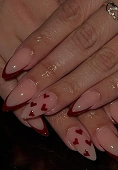 Nails To Go With Dark Red Dress, Random Nail Designs Acrylic, Nail Idea For Valentines Day, Nail Inspo Coffin Short Winter, Almond Acrylic Nails Dark, Easy Nail Art Coffin, Nails Design Red Elegant, Design For Nails Ideas, Red Heart Almond Nails