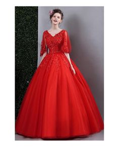 Buy Red Lace Ball Gown Formal Dress For Wedding With Cape Sleeves at wholesale price online. Free shipping and pro custom service since 2009. Formal Dress For Wedding, Affordable Formal Dresses, Dress For Wedding, Lace Ball Gowns, Standard Dress, Cape Sleeves, Formal Dresses For Weddings, Wedding Boutique, Satin Color