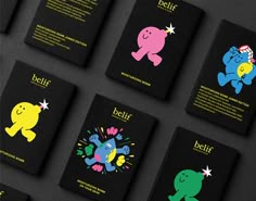 six books with different designs on them, all in black and yellow color scheme for belif