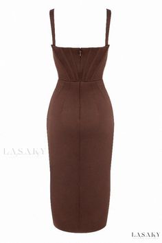 Lasaky - Cereda Chocolate Satin Mini Dress: A Sophisticated and Elegant Choice Elegant Fitted Brown Bodycon Dress, Elegant Brown Fitted Bodycon Dress, Fitted Brown Midi Dress For Party, Elegant Brown Bodycon Dress For Date Night, Elegant Brown Bodycon Summer Dress, Brown Square Neck Mini Dress For Party, Brown Mini Dress For Party With Square Neck, Elegant Brown Sheath Bodycon Dress, Elegant Brown Midi Bodycon Dress