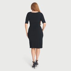 Meet the Lisa Black Faux Wrap Dress – where sophistication meets comfort effortlessly. Slip into style with this chic and versatile dress that combines a classic silhouette with modern convenience. Lisa is more than just a dress; she’s a statement of elegance and ease. Designed with elbow sleeves, Lisa strikes the ideal balance between modesty and contemporary flair. Her faux wrap design adds a touch of sophistication, making her perfect for various occasions, whether it's a day at the office or Flattering Solid Color Bodycon Dress, Solid Color Flattering Bodycon Dress, Sleek Sheath Dress In Elastane, Flattering Bodycon Dress For Date Night, Formal Elastane Midi Dress With Back Zipper, Chic Solid Midi Dress With Flattering Silhouette, Chic Solid Color Midi Dress With Flattering Silhouette, Elegant Solid Midi Dress With Back Zipper, Flattering Midi Bodycon Dress For Work