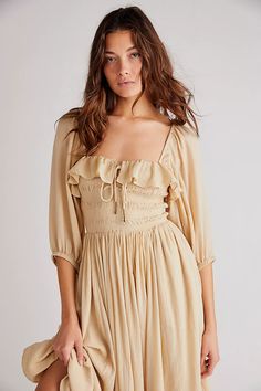 Oasis Midi Dress | Free People Long Western Dresses, Oasis Dress, Mid Length Dress, Ruffled Neckline, Stretchy Tops, Lined Skirt, Puffy Sleeves, Mid Length Dresses, Western Dresses