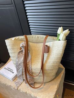 BirdinBag - Chic Womens Woven Straw Handbag: Spacious, Stylish Tote with Twilly Scarf Embellishment Elegant Bags With Braided Handles For Spring, Cream Woven Satchel Bag, Elegant Handheld Beige Beach Bag, Elegant Woven Satchel Bag, Elegant Woven Bags For Shopping, Elegant Woven Shoulder Bag, Elegant Beige Beach Bag With Handles, Elegant Large Capacity Beach Bag, Elegant Beige Woven Bag